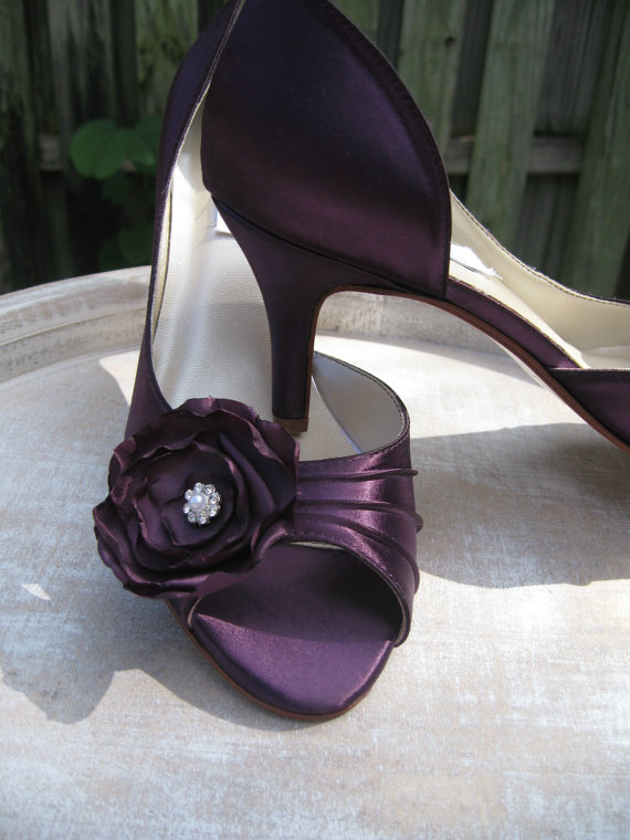 Свадьба - Purple Eggplant Bridal Shoes with Satin Flower Design - Over 100 Color Shoe Choices to Pick From