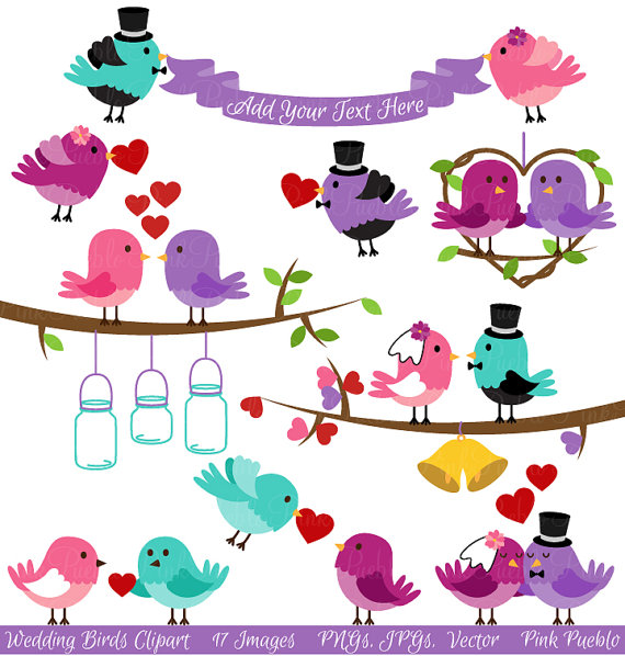 Mariage - Wedding Birds Clipart Clip Art, Valentine Love Birds Lovebirds Clipart Clip Art - Commercial and Personal