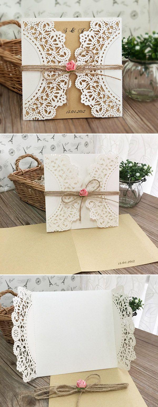 Mariage - Country Pink Paper Flower Rustic Laser Cut Wedding Invitations EWWS051