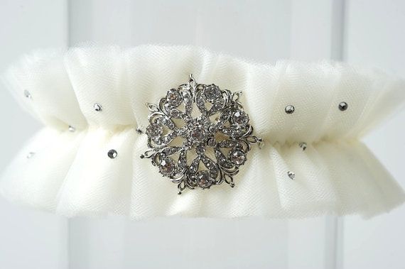 زفاف - Wedding Garter Tulle Ivory Rhinestone Brooch Swarovski Crystal Bridal Garter "Grace"