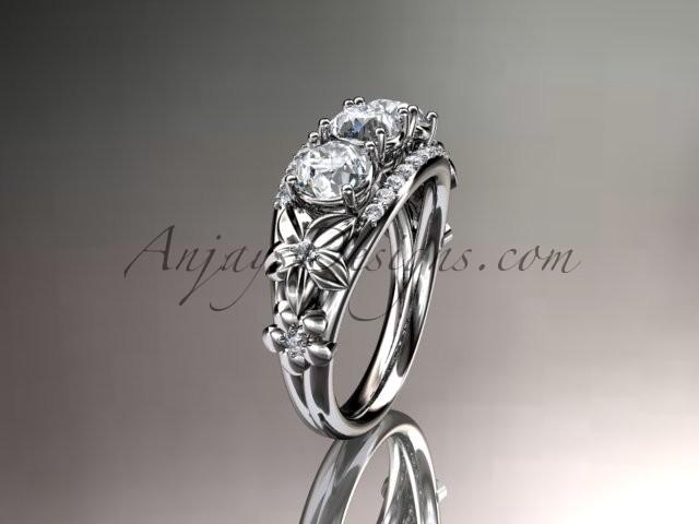 Hochzeit - 14kt white gold diamond flower 3 stone Forever Brilliant Moissanite wedding ring ADLR203
