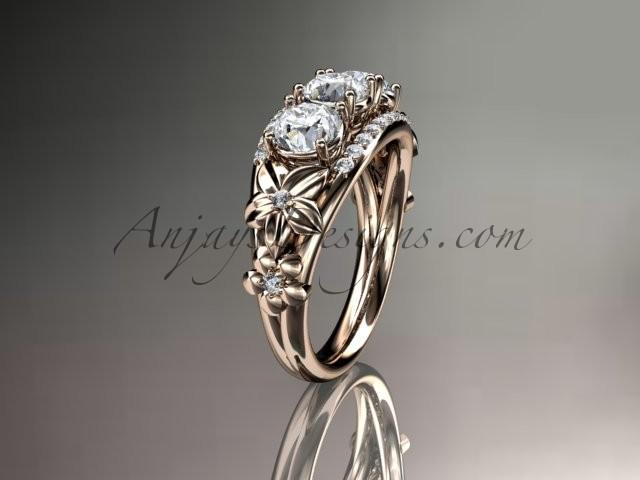 Hochzeit - 14kt rose gold diamond flower 3 stone Forever Brilliant Moissanite wedding ring ADLR203