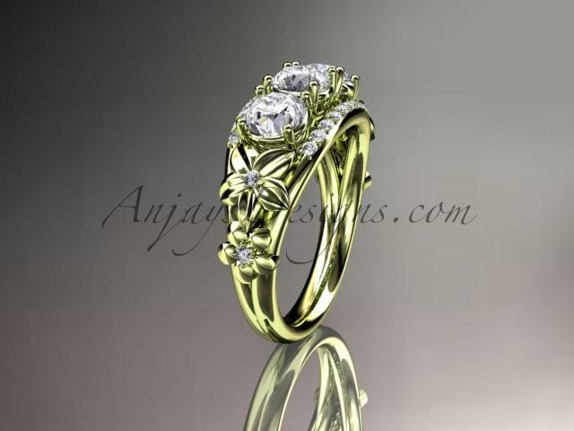 Hochzeit - 14kt yellow gold diamond flower 3 stone Forever Brilliant Moissanite wedding ring ADLR203