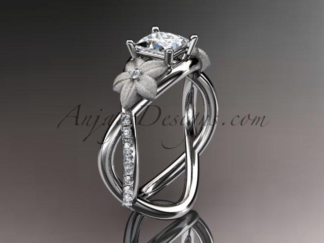 زفاف - 14kt white gold diamond floral, leaf and vine wedding ring, engagement ring, with a "Forever Brilliant" Moissanite princess cut center stone ADLR90PR