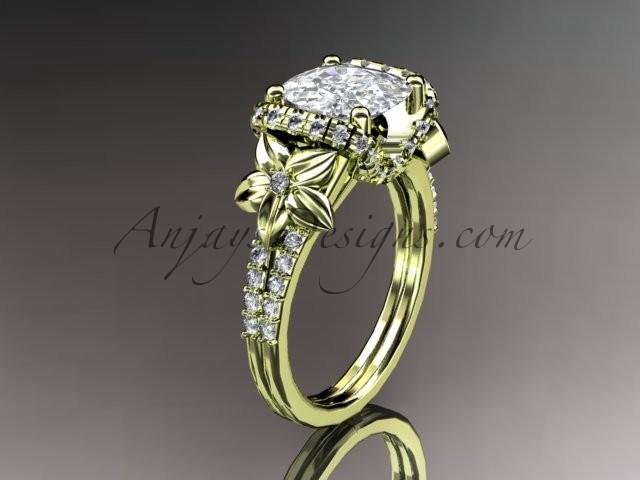 Wedding - 14kt yellow gold diamond floral wedding ring, engagement ring with cushion cut moissanite ADLR148