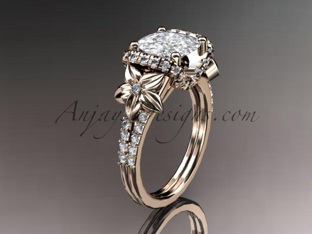 Mariage - 14kt rose gold diamond floral wedding ring, engagement ring with cushion cut moissanite ADLR148