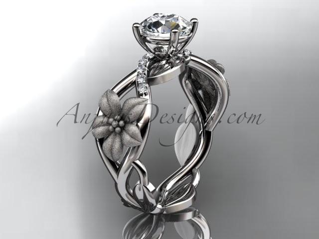 Wedding - Unique 14kt white gold diamond floral leaf and vine wedding ring, engagement ring with a "Forever Brilliant" Moissanite center stone ADLR270