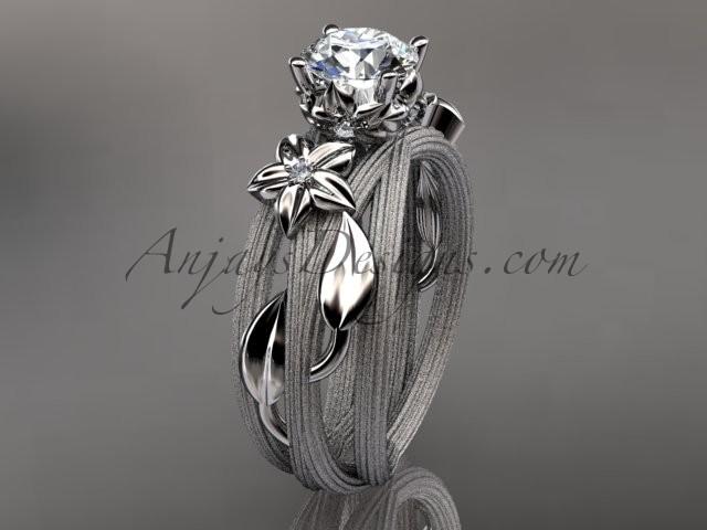 Wedding - 14kt white gold diamond floral, leaf and vine wedding ring, engagement ring with a "Forever Brilliant" Moissanite center stone ADLR253