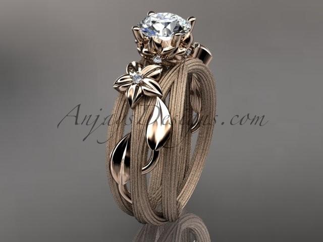 زفاف - 14kt rose gold diamond floral, leaf and vine wedding ring, engagement ring with a "Forever Brilliant" Moissanite center stone ADLR253