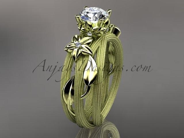 Wedding - 14kt yellow gold diamond floral, leaf and vine wedding ring, engagement ring with a "Forever Brilliant" Moissanite center stone ADLR253