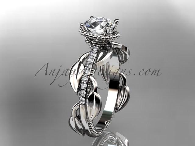 Wedding - Unique 14k white gold diamond leaf and vine diamond engagement ring with a "Forever Brilliant" Moissanite center stone ADLR231