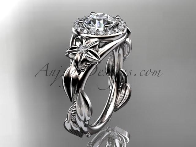Hochzeit - Platinum diamond unique leaf and vine, floral engagement ring with a "Forever Brilliant" Moissanite center stone ADLR327