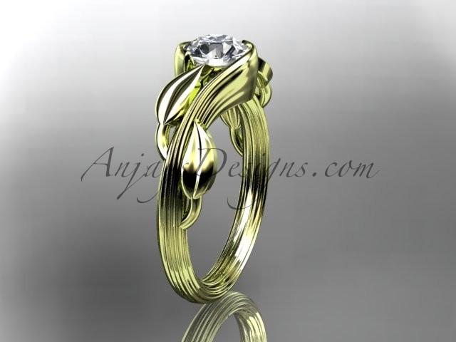 زفاف - 14kt yellow gold leaf and vine wedding ring, engagement ring with a "Forever Brilliant" Moissanite center stone ADLR273