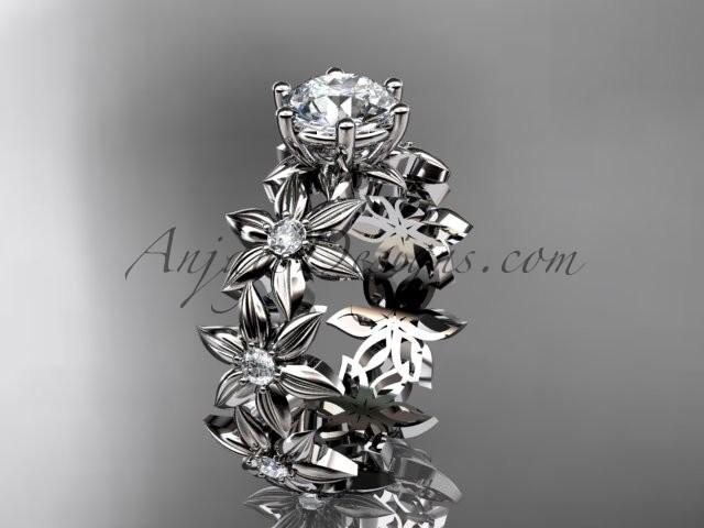 Hochzeit - Unique 14k white gold diamond floral engagement ring with a "Forever Brilliant" Moissanite center stone ADLR339