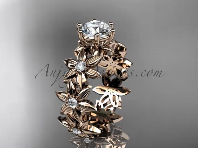 Hochzeit - Unique 14k rose gold diamond floral engagement ring with a "Forever Brilliant" Moissanite center stone ADLR339