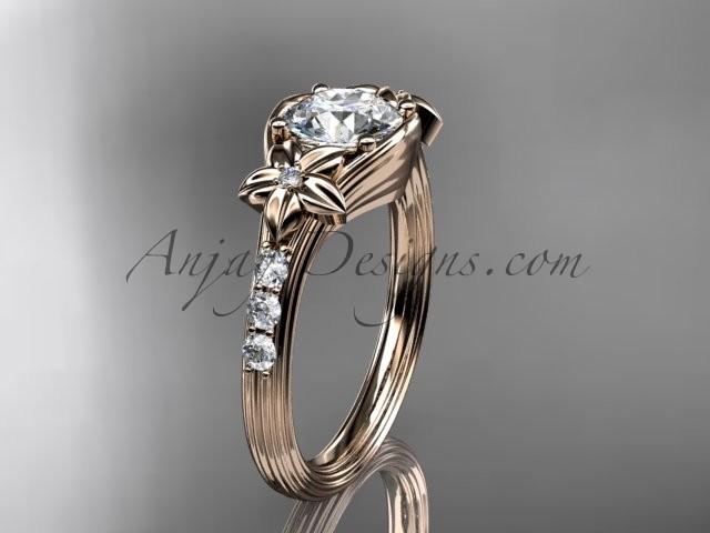 Wedding - Unique 14k rose gold diamond leaf and vine, floral diamond engagement ring with a "Forever Brilliant" Moissanite center stone ADLR333