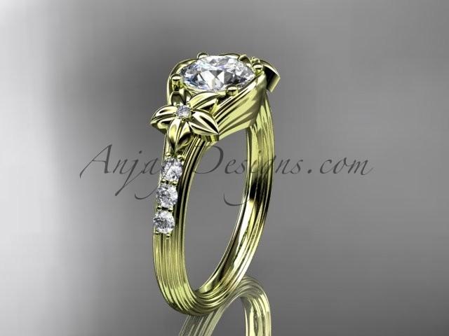 Hochzeit - Unique 14k yellow gold diamond leaf and vine, floral diamond engagement ring with a "Forever Brilliant" Moissanite center stone ADLR333