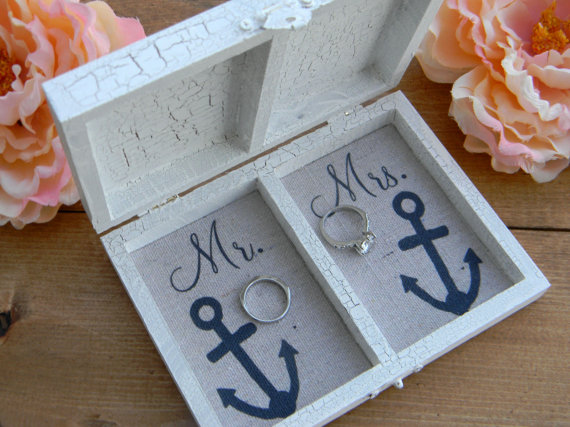 Wedding - Nautical Ring Bearer Box Personalized Divided Wood Box Anchor Ringbearer In High Tide Or Low Tide I'll Be By Your Side Anchor Initials