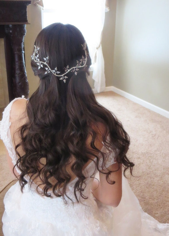 Wedding - Bridal Hair vine, Wedding headpiece, Leaf hair vine, Crystal hair vine, Silver leaf headpiece, Vintage style hair vine, Wedding hair vine