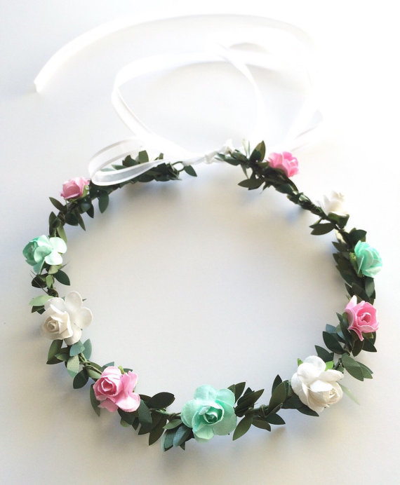Wedding - White pink & aqua floral crown tie back, Halo headband , baby headband, newborn headband, photo props, headbands