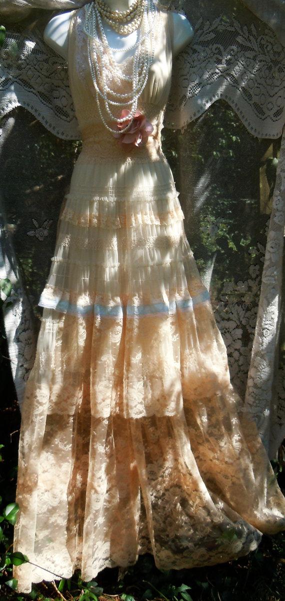 Mariage - Lace wedding dress beige nude  blue  tulle tiered   boho  vintage  bride outdoor  romantic small medium by vintage opulence on Etsy