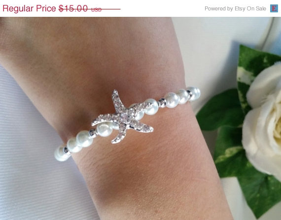 Hochzeit - Bridal Pearl & Silver Rhinestone Starfish Bracelet Wedding Starfish Jewelry