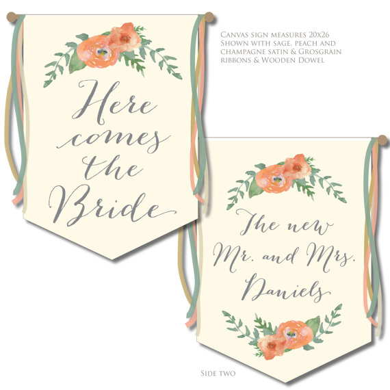 Mariage - Double Sided Here Comes the Bride Ceremony Banner - Printed on Finished Canvas with Wooden Dowel and Ribbons