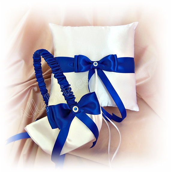 Mariage - Wedding Ring Pillow and Basket - Royal Blue Horizon Blue  Ring Bearer Pillow  Flower Girl Basket Wedding Accessories Ceremony Decor