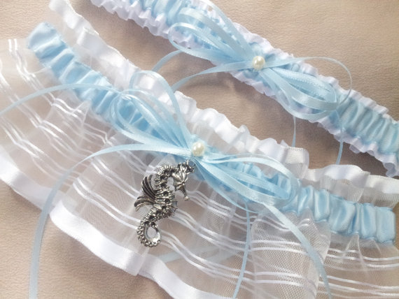 Hochzeit - Beach Wedding Seahorse Garter Set White Sheer Organza Light Blue Satin Wedding Bridal
