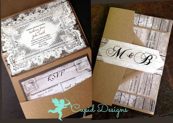 Hochzeit - Rustic Chic Lace and Burlap wedding invitations kraft pocket fold Elegant Unique Romantic Personalized.