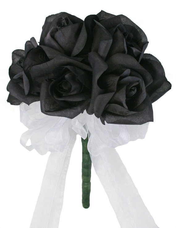 زفاف - Black Silk Rose Toss Bouquet - 1 Dozen Silk Roses - Bridal Wedding Bouquet