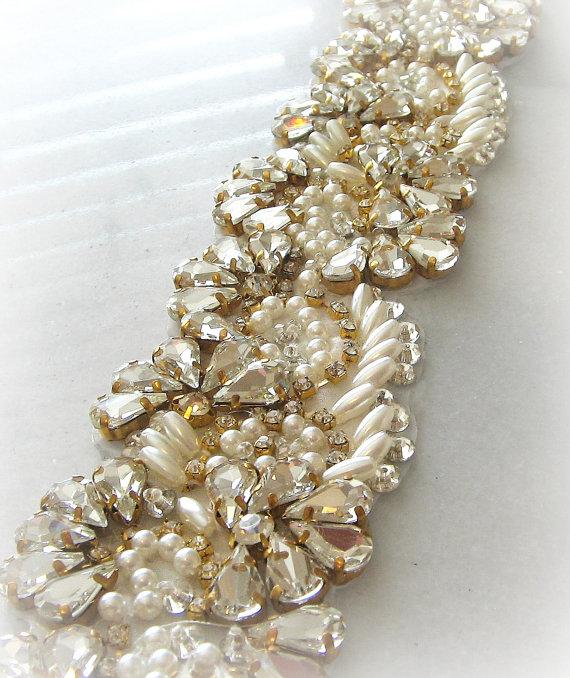 Gold Beaded Applique Crystal Rhinestones with White Pearls Patch  5.25" GB620