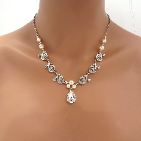 Mariage - Wedding jewelry, bridal necklace, rhinestone necklace, Swarovski crystal necklace, pearl necklace, vintage style necklace