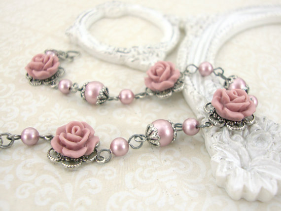 Wedding - Powder Pink Swarovski Pearl Bracelet with Resin Roses - Dusty Pink Shabby Chic Jewelry - Resin Rose Bracelet Pink Victorian Wedding Jewelry