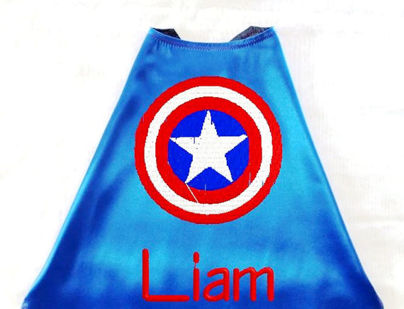 Wedding - Super Hero Cape, Kids Cape Embroidered Captain America Logo Personalized with Name Royal Blue