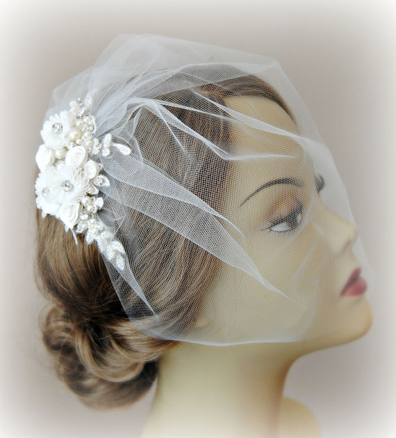 Mariage - Birdcage Veil and Lace Fascinator, Ivory, White, Champagne, Blush, Bridal Fascinator and Blusher Veil with Crystals and Pearls - BABETTE