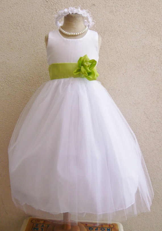 Hochzeit - Flower Girl Dresses - WHITE with Green Lime (FD0RBP) - Wedding Easter Junior Bridesmaid - For Baby Infant Children Toddler Kids Teen Girls