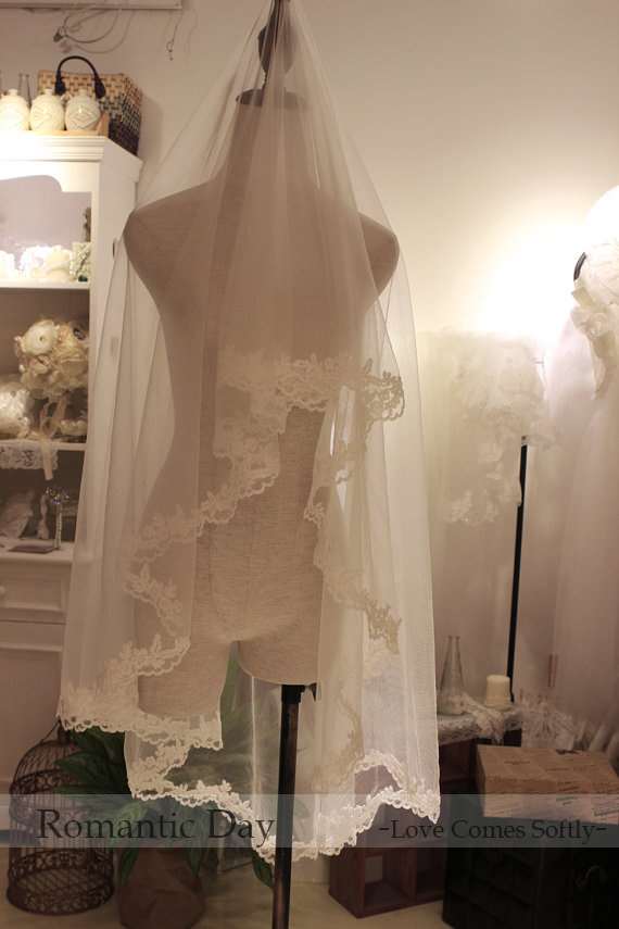 زفاف - 59 inches soft tulle lace wedding veil/lace veil/wedding veil/white bridal veil/white wedding veil/wedding accessories 1010