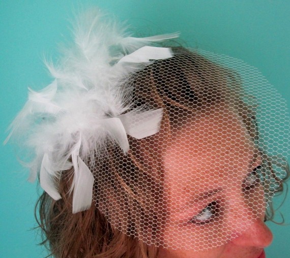 Wedding - Old Hollywood WHITE OR BLACK feather blusher veil - Ready to ship