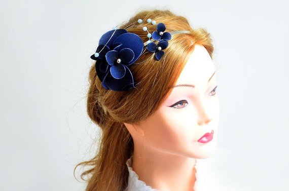 Wedding - Navy blue fascinator Headband fascinator Wedding headpiece Ivory headpiece Bridal fascinator Flower hair band  Flower hair comb