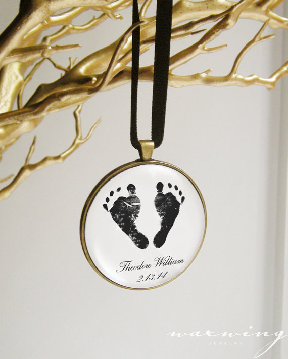 Hochzeit - Baby Footprints Ornament in Antique Bronze and Glass - Christmas New Parent Grandparent Memorial Bouquet Charm Shower Tree