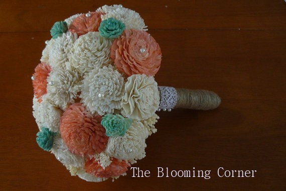 Свадьба - Wedding Bouquet, Sola Peach Bouquet, Mint  Wedding Bouquet, Alternative Bouquet,  Mint Bouquet, Sola flowers, Wood Bouquet