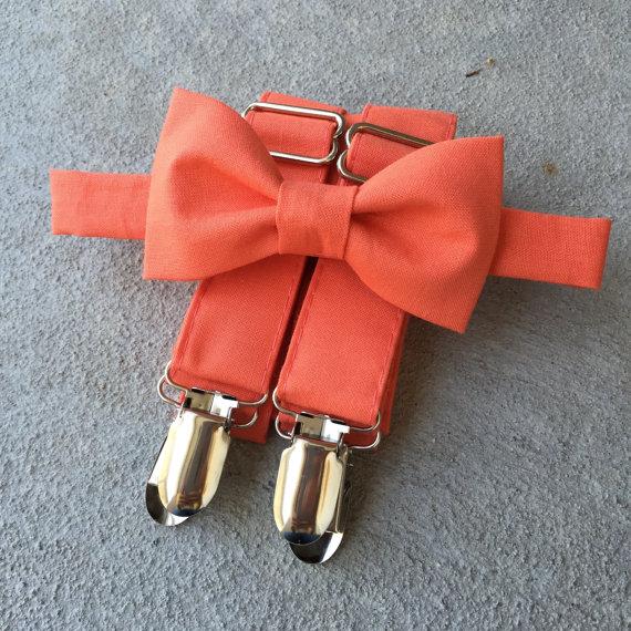 Wedding - Orange/Coral Bow Tie and Suspender Set in sizes for babies, toddlers, boys, and men.