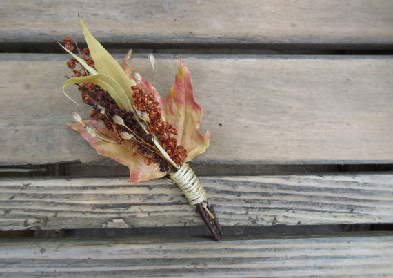 زفاف - Fall Boutonniere, Natural Leaf Boutonniere - Fall Fields - Maple, Dock, Bamboo & Lapsana