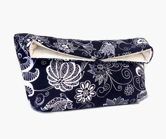 Wedding - Black and White Clutch, Black Clutch, Floral Clutch, Bridesmaid Gift, Bridesmaid Clutch, Makeup Bag, Wedding Accessory, Bridal Accessory