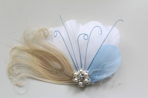 Mariage - Wedding Bridal White Ivory Peacock Light Blue Feather Rhinestone Jewel Head Piece Hair Clip Fascinator Accessory Something Blue