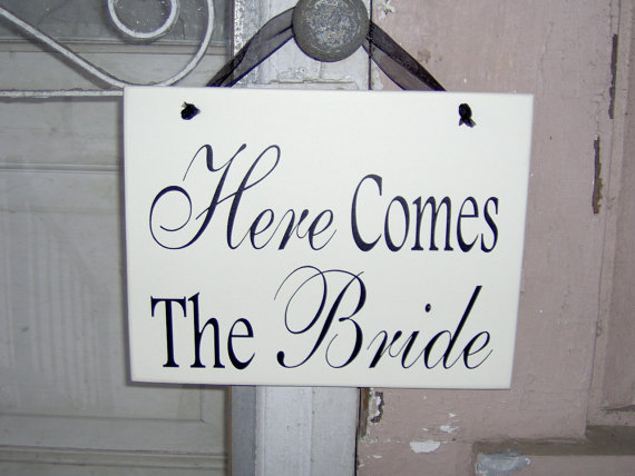 Wedding - Here Comes The Bride Wood Vinyl Sign Flower Girl Ring Bearer Wedding Decor