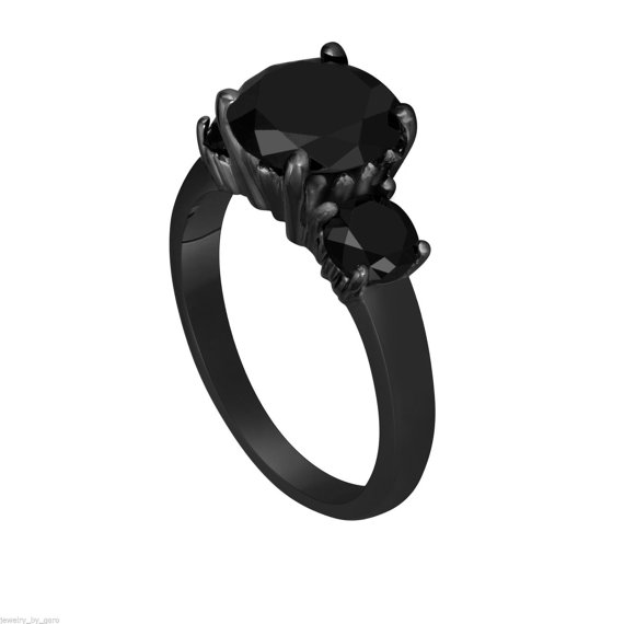 Свадьба - Fancy Black Diamond Three-Stone Engagement Ring Vintage Style 14k Black Gold 2.90 Carat Certified Handmade Unique