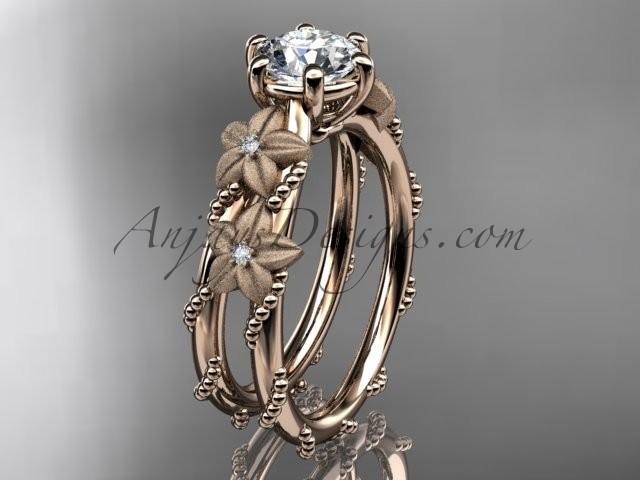 Wedding - 14kt rose gold diamond floral, leaf and vine wedding ring, engagement ring with "Forever Brilliant" Moissanite center stone ADLR66