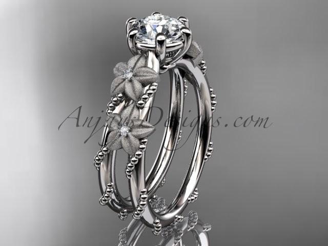 زفاف - Platinum diamond floral, leaf and vine wedding ring, engagement ring with "Forever Brilliant" Moissanite center stone ADLR66